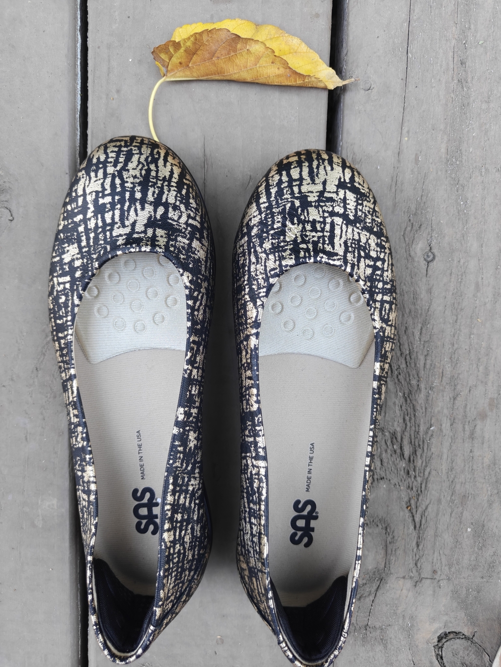 SAS Black + Gold Elegant, Textured Comfort Scenic Ballet Flats & Built-In